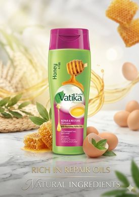 Шампунь восстанавливающий Dabur Vatika с яичными белками и медом для поврежденных волос 180 мл Ватика 12466837 фото